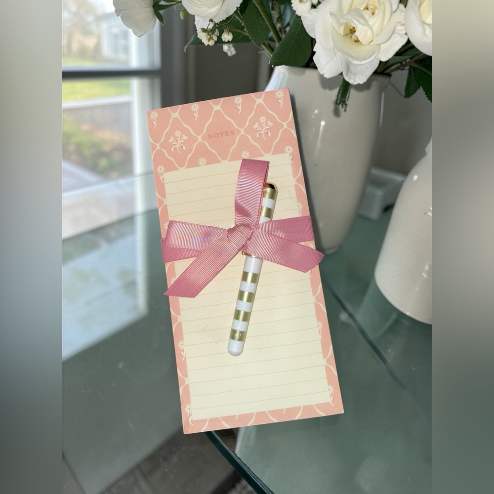 Pink Floral Notepad Gift Set with Striped Pen and Ribbon